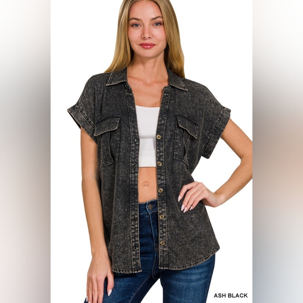 NWT - Linen Blend Acid Washed Button Down Batwing Sleeve Shirt-Ash Black- M